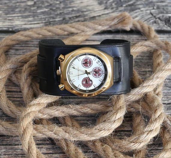 Handmade Black Leather Cuff Watch Band With Quartz Watch
