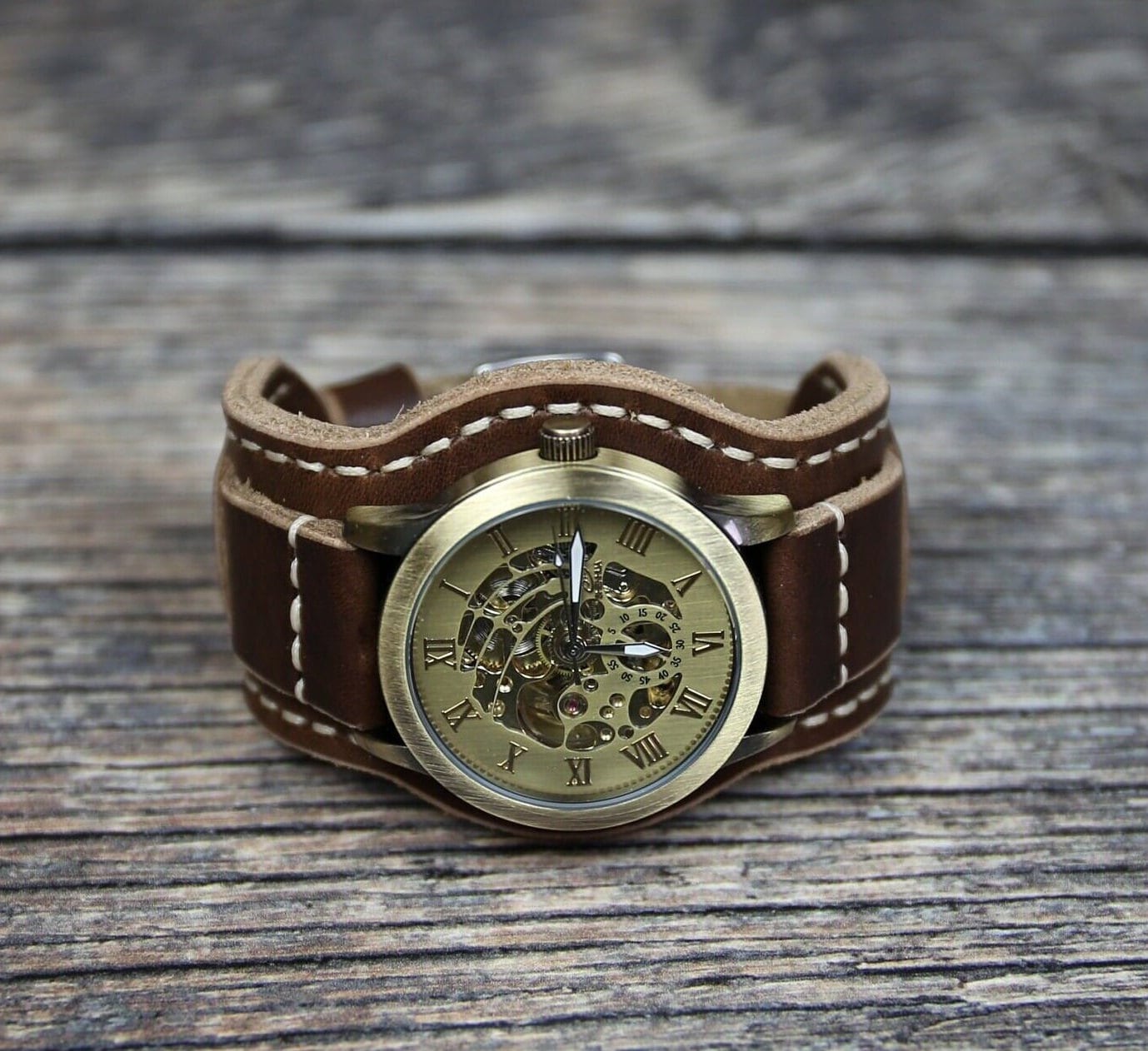 Watch Steampunk Uhr Leder Automatikuhr, Braunes Horween