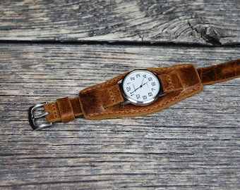 Brown Leather watch strap, 18mm 20mm 22mm 24mm, Handmade Bund band Aviator