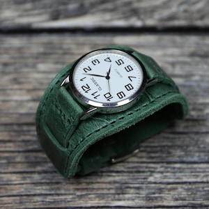 Handmade Green Leather Bund Watch Strap: Aviator Cuff Band
