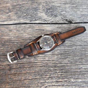 Handmade Brown Leather Bund Strap | Aviator Cuff Watch Band 18-24mm | Vintage Style