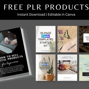 May include: A collection of digital product templates for Canva, including a recipe book, planner, self-care journal, and a guide on how to sell digital products. The templates are free and editable in Canva.