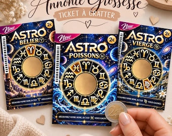 Peut inclure: Trois cartes à gratter rectangulaires sur le thème du zodiaque intitulées Astro Bélier, Astro Poissons et Astro Vierge. Chaque carte présente une roue du zodiaque circulaire avec des symboles dorés sur un fond cosmique bleu, un prix de 2€.