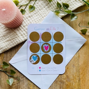 Carte à gratter annonce sexe de bébé originale, gender reveal, garçon ou fille, jeu du morpion, baby shower