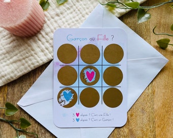 Carte à gratter annonce sexe de bébé originale, gender reveal, garçon ou fille, jeu du morpion, baby shower
