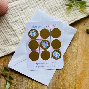 Carte à gratter annonce sexe de bébé originale, gender reveal, garçon ou fille, jeu du morpion, baby shower