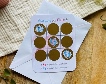 Carte à gratter annonce sexe de bébé originale, gender reveal, garçon ou fille, jeu du morpion, baby shower