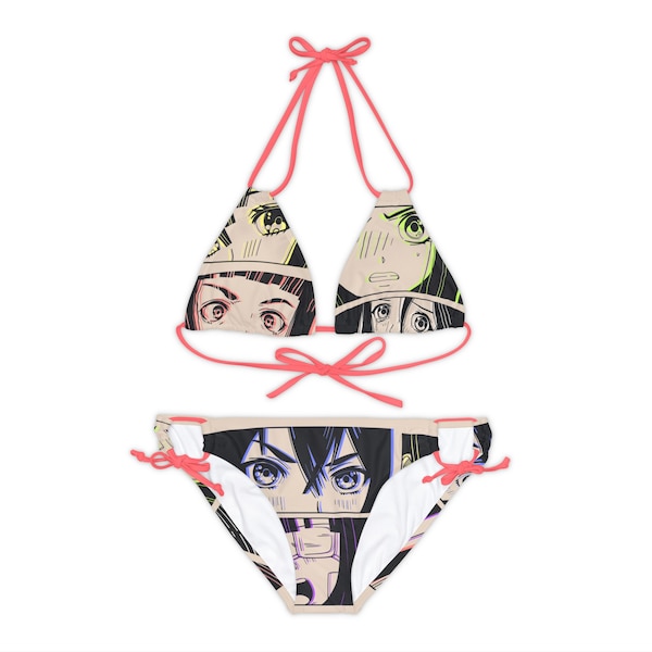 Japan Anime Strappy Bikini Set | Slicey Framed Girl Cartoon Face Swimsuit | Women's Two Piece Beach Wear | Anime Festival Attire