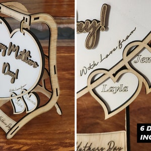 MOTHERS DAY DISPLAY Heart Swing Gift display Laser Cut File - Happy Mother&#39;s Day Glowforge, svg Moms Day Gift vector file mom shelf sitter