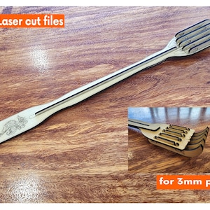 Op de afbeelding: Lasersnijbestanden voor een houten rugkrabber met een zeepaardje-ontwerp. De rugkrabber is gemaakt voor 3 mm multiplex.