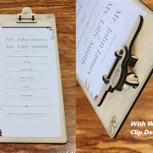 PANNEAU À PAPIER POUR MENU DE MARIAGE avec clip de travail ! - 6 tailles de menu incluses ! Fichier découpé au laser Aucun matériel supplémentaire nécessaire ! Glowforge, fichier svg découpé au laser