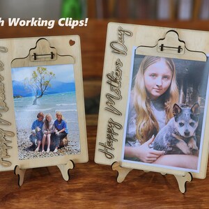 APPUNTI PER LA FESTA DELLA MAMMA Regalo per esposizione di foto con clip funzionante 2 taglie Incluso cavalletto pieghevole. appunti Glowforge, file in formato SVG tagliato al laser immagine 1