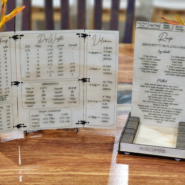 KITCHEN CONVERSION CHART with bonus Recipe System Laser Cut File! Built in stand, Recipe Card System, svg, glowforge