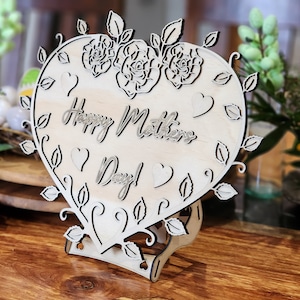 MOTHERS DAY DISPLAY Gift with Stand - Heart and Flower Design - Happy Mothers Day - Glowforge, svg Mothers Day Gift