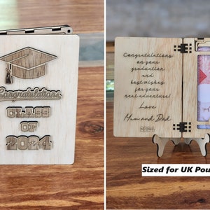 May include: Wooden card with a graduation cap design and the text "Congratulations Class of 2024". The card has a slot to hold a UK pound note and a message inside that reads "Congratulations on your graduation and best wishes for your next adventure! Love Mum and Dad 2024".