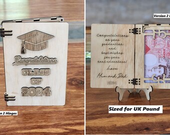 Karta GRADUATION MONEY składana konstrukcja Wersja w funtach brytyjskich! Składana konstrukcja. Wersja 2 Zawiasowa konstrukcja z drzwiami na pieniądze! Plik laserowo wycinany glowforge svg