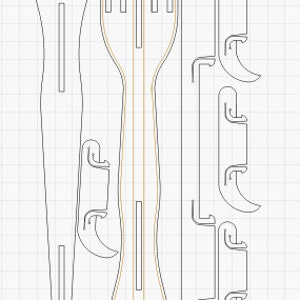 K&ouml;nnte beinhalten: Eine Schwarzwei&szlig;-Zeichnung einer Kelle, eines L&ouml;ffels und vier Haken. Die Kelle und der L&ouml;ffel sind beide lang und d&uuml;nn, mit einem abgerundeten Ende. Die Haken sind alle gleich gro&szlig; und geformt, mit einer gebogenen Oberseite und einer geraden Unterseite.