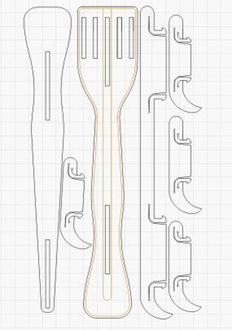 K&ouml;nnte beinhalten: Eine Schwarzwei&szlig;-Zeichnung einer Kelle, eines L&ouml;ffels und vier Haken. Die Kelle und der L&ouml;ffel sind beide lang und d&uuml;nn, mit einem abgerundeten Ende. Die Haken sind alle gleich gro&szlig; und geformt, mit einer gebogenen Oberseite und einer geraden Unterseite.