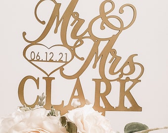 Mr and Mrs Wedding Cake Topper with date-WOOD