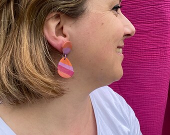 Boucles d'oreilles originales et colorées en argile polymère avec clous d’oreilles dorés à l’or fin 24k, création fait main, modèle unique