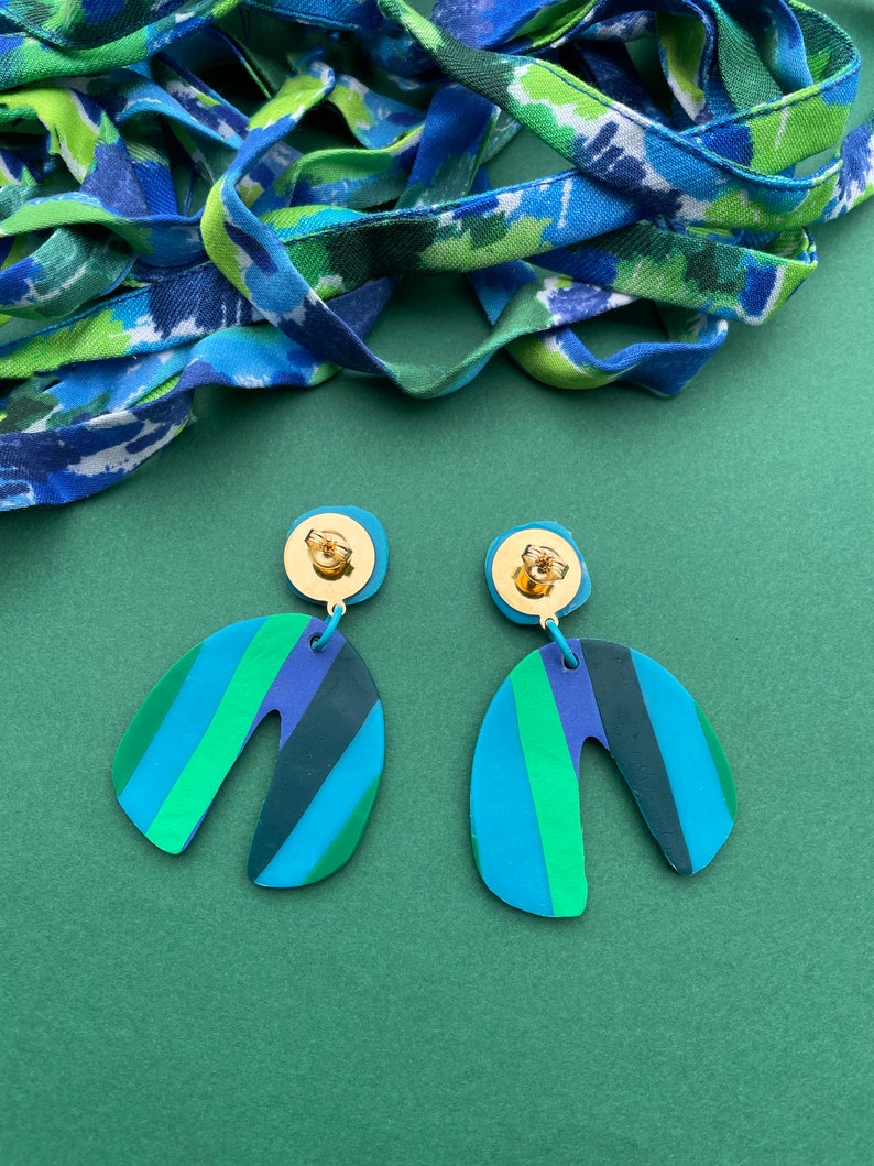 Original and colorful polymer clay earrings with 24k fine gold stud earrings, handmade creation, unique model image 3
