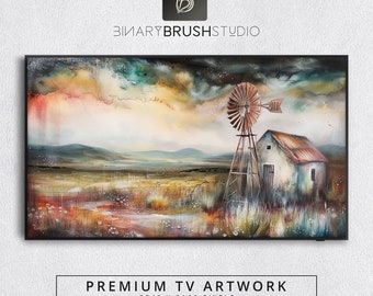 Puede incluir: Una pintura de acuarela de un molino de viento en un campo con una pequeña casa al lado. El cielo es una mezcla de naranja, amarillo y azul con nubes. La pintura está enmarcada en negro.