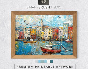Coastal Wall Art - Harbor Scene Printable | Nautical Digital Art for Home Decor | Instant Download