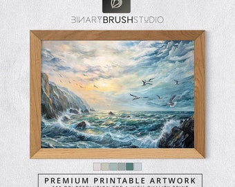May include: A painting of a seascape with a dramatic sky and waves crashing against the rocky shore. The sun is setting in the distance, casting a warm glow over the scene. A flock of birds flies overhead.