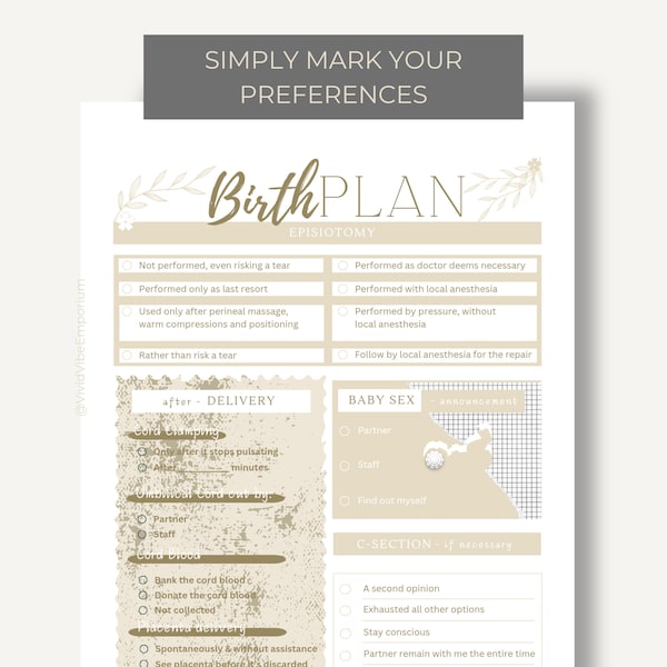 Birth Plan Template, Labour and delivery preferences, Childbirth Education, Birth plan checklist, Visual birth plan, labor and delivery PDF