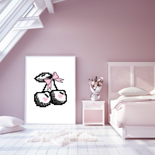 Coquette Cherry Pixel art, pixel art coquette, pixel art girly, kawaii pixel art, coquette pixel wall décor, coquette pixel room décor