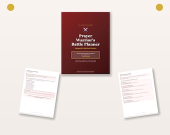 May include: A maroon-colored "Prayer Warrior's Battle Planner" with the text "Equipped for Spiritual Warfare." The image also shows two open pages with lists. The text "32 PAGES • KJV SCRIPTURE • INSTANT DOWNLOAD" is at the bottom.