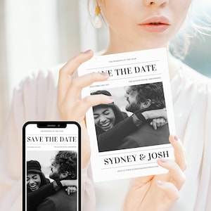 新聞のSave the Dateテンプレート、ポストカードの写真Save the Date、トレンディなウェディングカード、個人用Canvaテンプレート、デジタルテンプレート