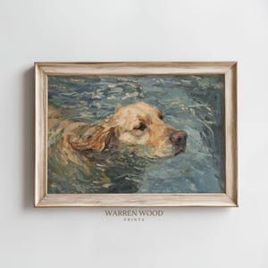 Golden Retriever Wall Art, Dog Swimming Print, Water Dog Painting, Coastal Pet Decor, Calming Blue Tones, Digital Download, Animal Art image 5