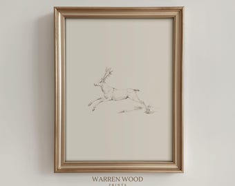 Leaping Stag Wall Art Print, Neutral Rustic Deer Illustration, Minimalist Vintage Decor, Country Digital Download, Off-White Printable Art