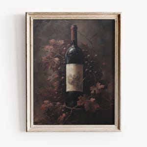 Rustic Wine Bottle Painting, Vintage Red Wine Art, Dark Burgundy Wall Print, Moody Wine Decor, Faded Black & Red Tones, Digital Download