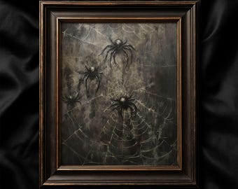 Op de afbeelding: Een ingelijst kunstwerk met een spinnenweb en spinnen in een donkere, sfeervolle scène. De lijst is donkerbruin met een gouden binnenrand. De naam van de kunstenaar, Warren Wood Prints, staat onderaan het kunstwerk.