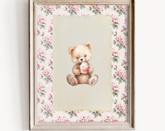 Soft Pink Floral Teddy Bear Print, Vintage Nursery Decor, Teddy Illustration, Pastel Floral Art, Digital Download, Girls Room Art