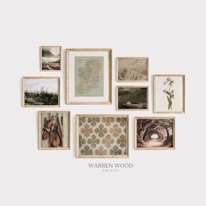 May include: A gallery wall arrangement of framed art prints. The prints include landscapes, a map of Ireland, and botanical studies. The frames are light brown. The text "WARREN WOOD PRINTS" is displayed at the bottom of the arrangement.