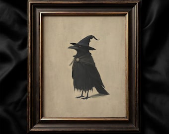 Crow Witches Hat Print, Rustic Halloween Wall Art, Whimsical Vintage Crow Portrait, Spooky Autumn Witchy Decor, Bird Halloween Print