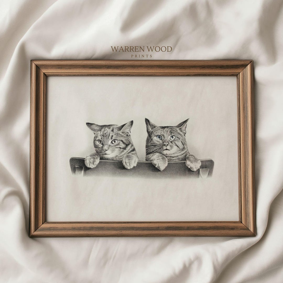 Vintage Cat Sketch Print, Black and White Pet Drawing, Neutral off ...