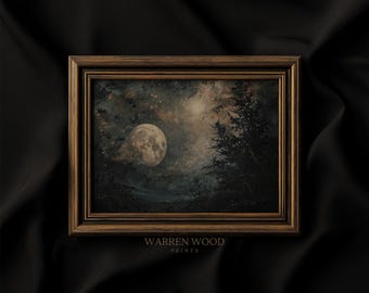 May include: A framed print featuring a nighttime landscape with a full moon and silhouetted trees. The artwork has a moody, atmospheric quality with a color palette of dark blues, greens, and browns. The frame is a warm, antique gold color. The text "WARREN WOOD PRINTS" is visible.