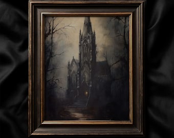 Spooky Cathedral Print, Portrait Gothic Wall Art, Vintage Dark Architecture Painting, Haunted Church Illustration, Moody Halloween Decor
