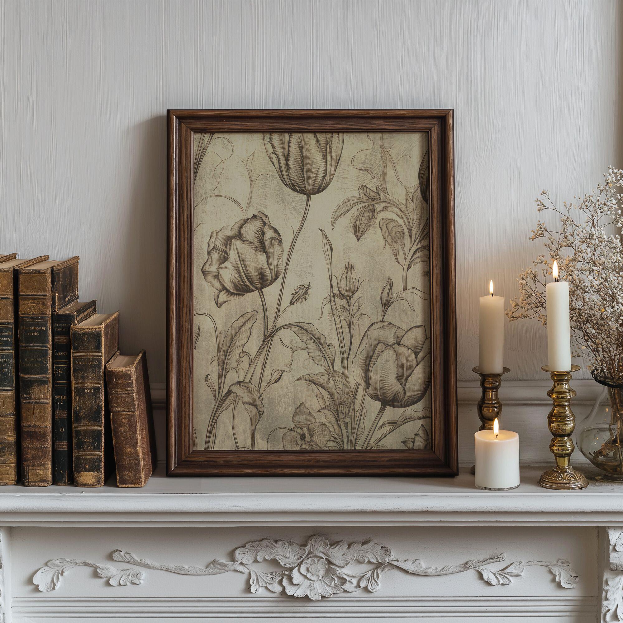 Antique Tulip Pattern Print, Vintage Beige Brown Floral Wall Art ...