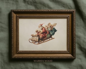 Vintage Santa Sleigh Print, Father Christmas Wall Art, Rustic Red Beige Holiday Decor, Traditional Antique Christmas Illustration