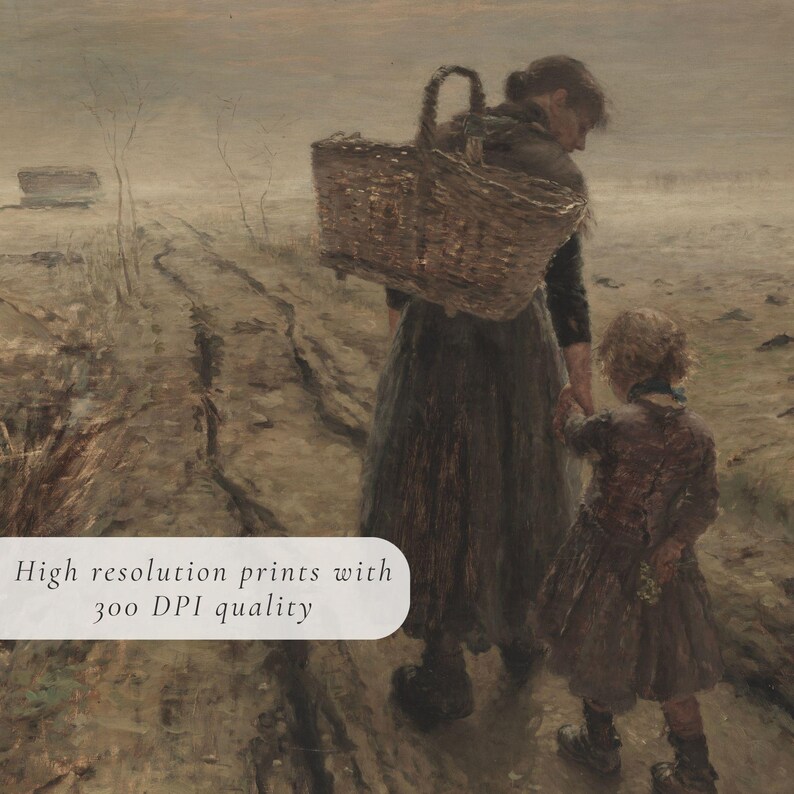 May include: A sepia-toned painting depicts a woman and child walking on a dirt path. The woman carries a large basket on her back. The child holds her hand. The text "High resolution prints with 300 DPI quality" is in the lower left.