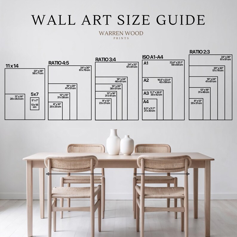 May include: A wall art size guide with various aspect ratios and dimensions, including 11x14 inches, 5x7 inches, and ISO A1-A4 sizes. The guide is displayed above a wooden table with chairs and decorative vases.