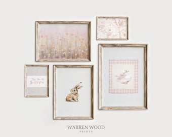 Conjunto de arte de pared para habitación infantil en rosa ruborizado, impresiones de pared para galería de bebé niña, arte de conejo, impresión de prado primaveral, mamá pato, decoración floral vintage