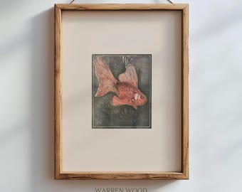 Lámina vintage de pez dorado, arte mural peculiar en verde salvia, ilustración de pez dorado, decoración rústica estilo cottagecore, lámina de pez costero, arte para baño