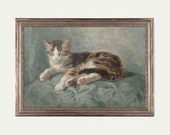 Vintage Sleeping Cat Print, 18th Century Tabby Painting, Muted Sage Green Art, Antique Feline Wall Decor, Rustic Cottagecore Cat Print