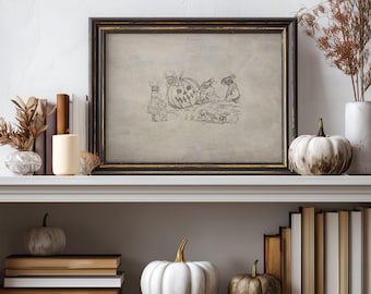 Rabbits Carving Pumpkin Art, Vintage Storybook Animal Print, Rustic Beige Halloween Wall Decor, Autumn Nursery Illustration, Neutral Fall
